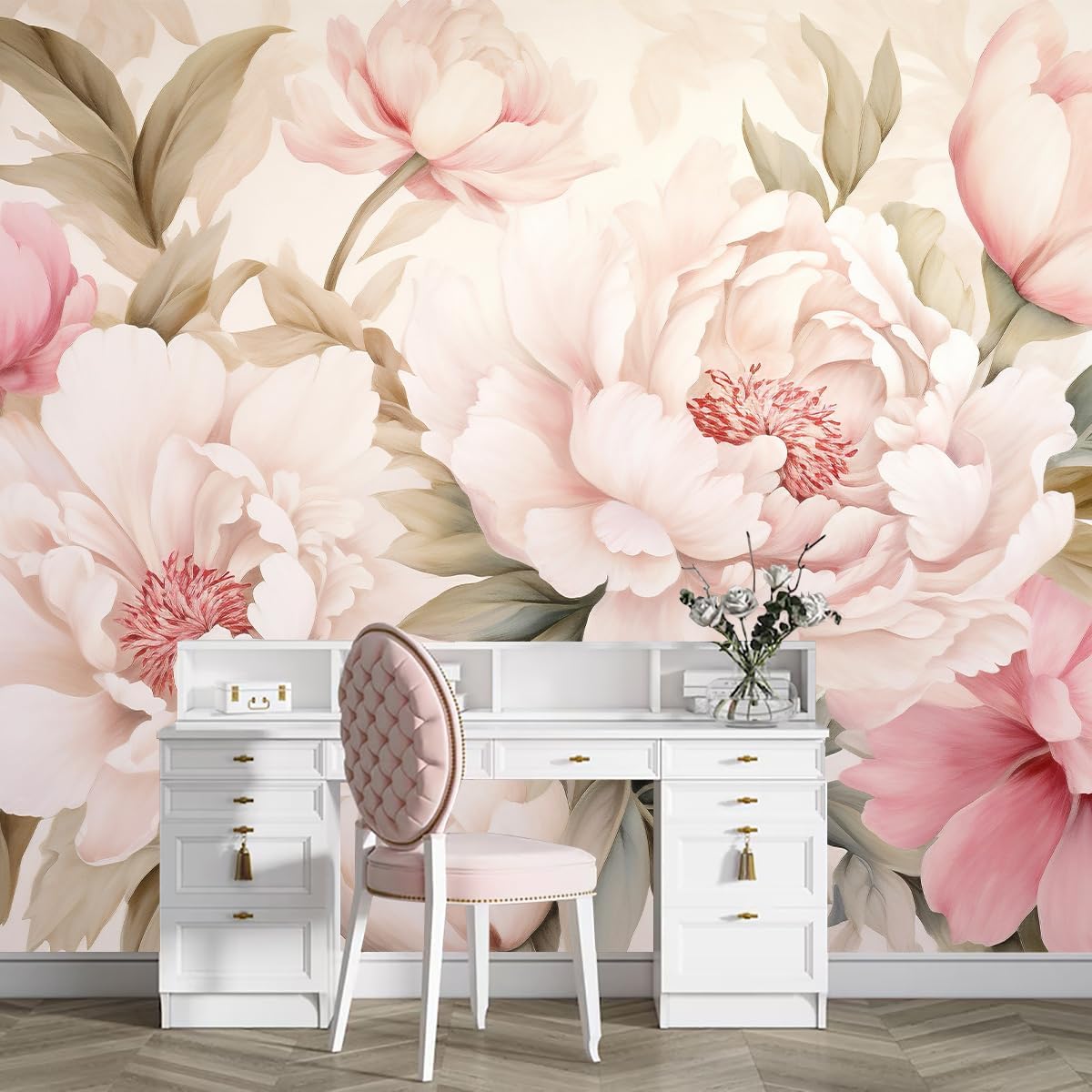 Home Bathroom Vanity - Wallpaper Mural Bunga Peony Elegan Set